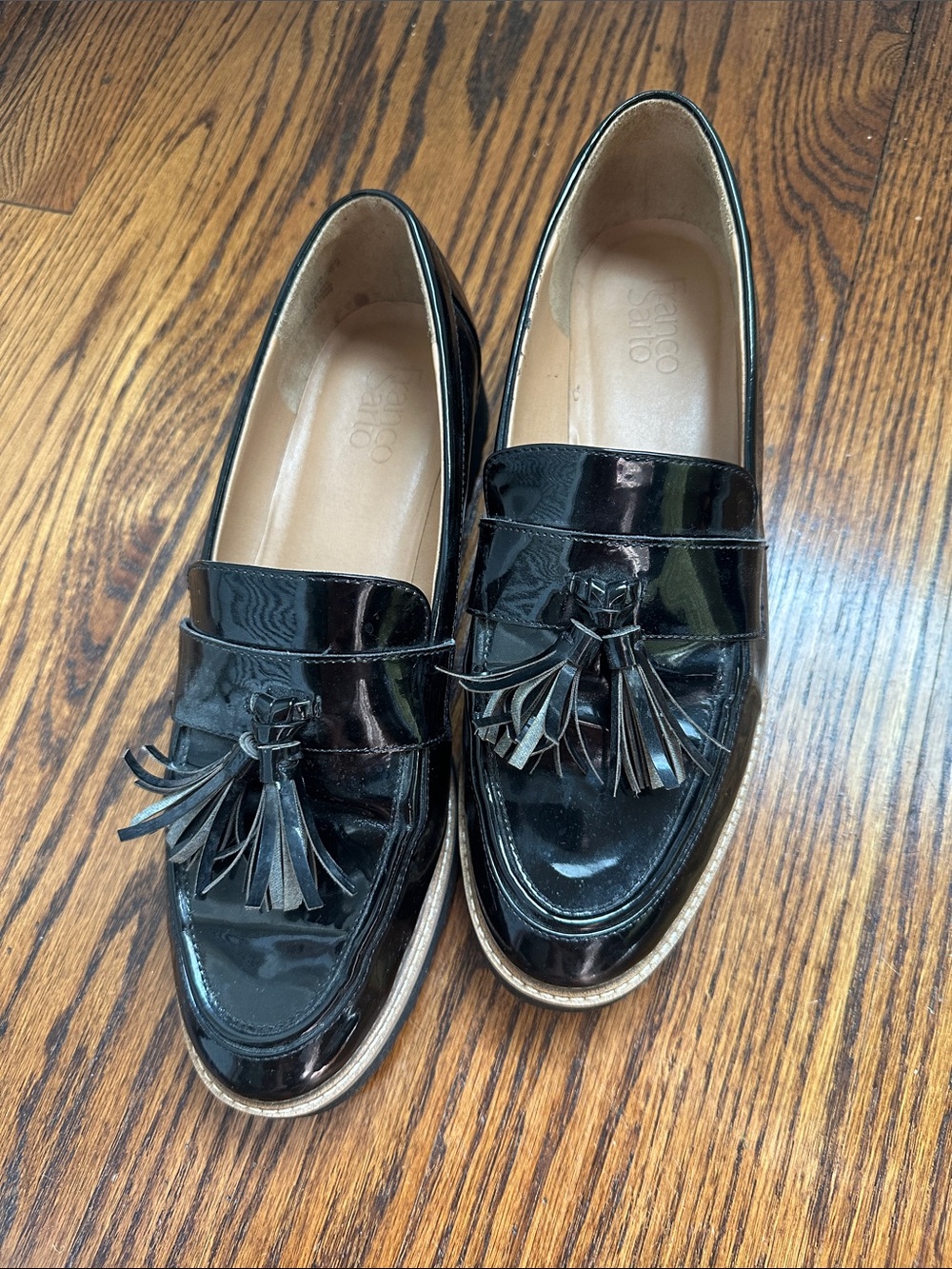 Franco Sarto black patent leather penny loafers with tassel size 9.5